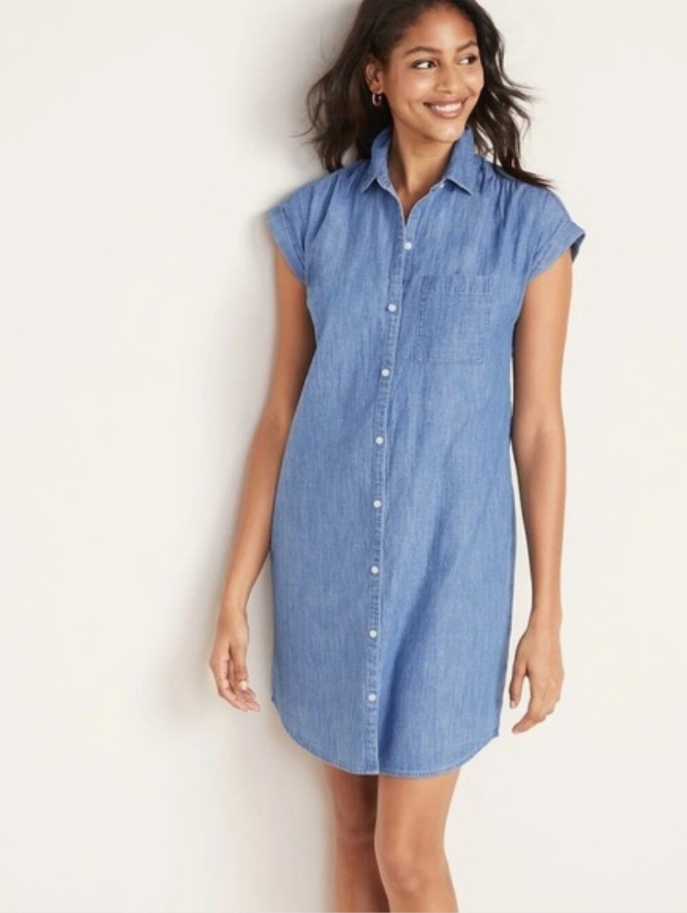 Old Navy Chambray Denim Cap-Sleeve Button-Down Shirt Dress